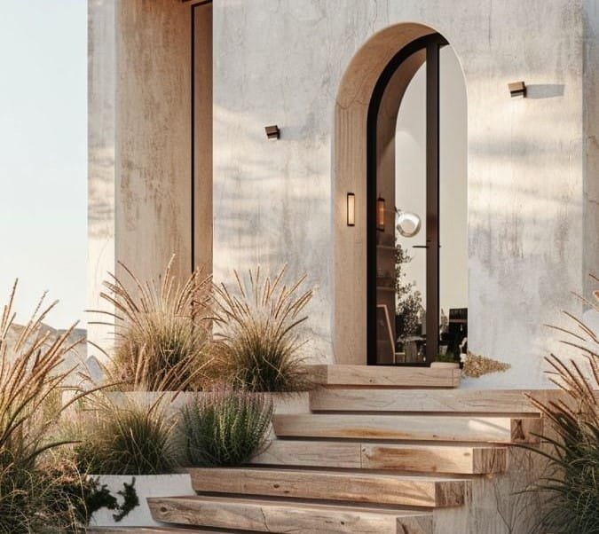 Entrada de casa minimalista con escalera de madera, plantas decorativas y puerta arqueada de vidrio.